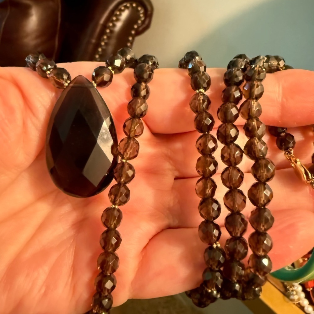 Estate Vintage Smoky Quartz Necklace – 34” with 14K Gold Accents & Pendant - Picture 3 of 6